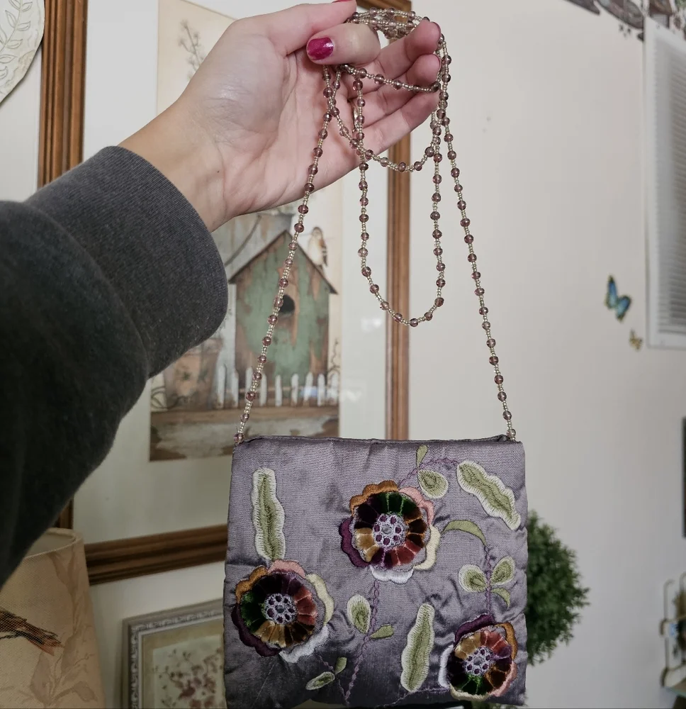 Moyna Purple Floral Embroidered Bag With Beaded Strap, Whimsy, Fairy - Picture 1 of 10
